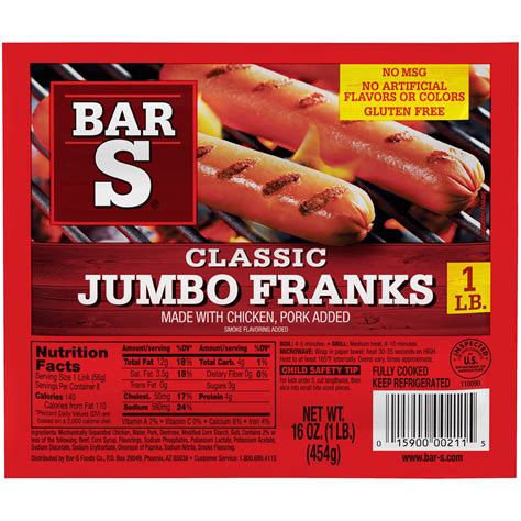 Bar S Classic Jumbo Franks Hot Dogs 8 Franks Per Package 1 Lb Pack