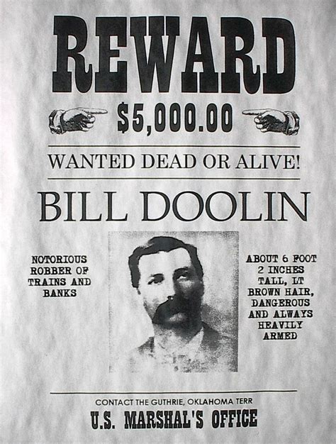 Bill Doolin Old West Wanted Poster Western Outlaw Dalton Reward Posters