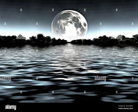 Full Moon Over The Lake 3d Rendering Stock Photo Alamy