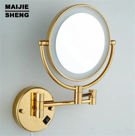 led gold brass cosmetic mirror wall mounted bathroom beauty mirror double faced makeup mirror