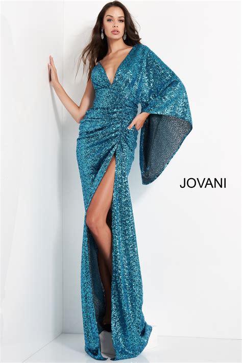 Jovani 04934 Teal Sequin High Slit Evening Dress