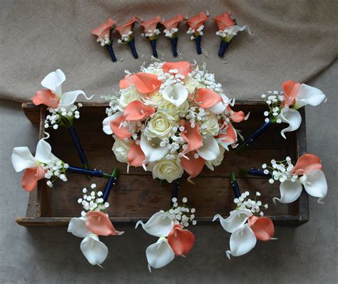 Rustic Coral Wedding Bouquets Boutonnieres Coral Ivory Real Etsy