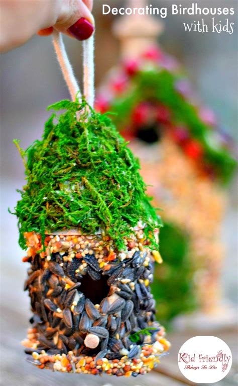 Kids of all ages can make these birdhouse crafts! Decorating Birdhouses With Edible Bird Seed Glue - Craft
