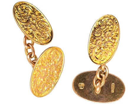 Edwardian 9ct Gold Oval Engraved Cufflinks 992h The Antique