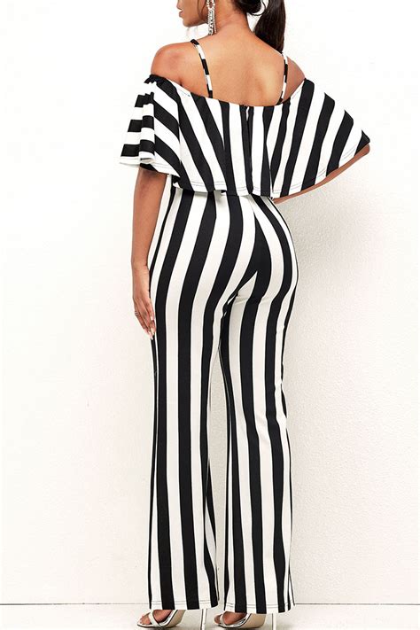 Wholesale Black And White Sexy Striped Print Patchwork Flounce Spaghetti Strap Straight