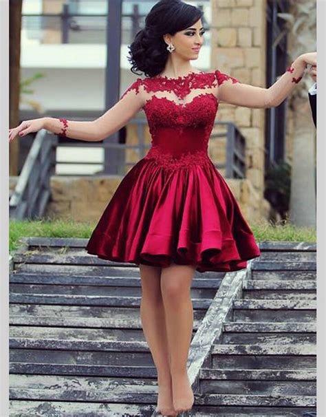 Sexy Long Sleeve Short Dark Red Lace Cocktail Dresses Satin