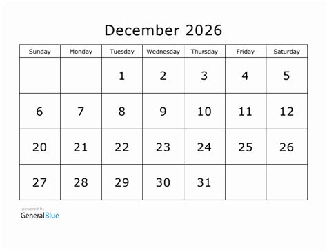 Printable December 2026 Calendar