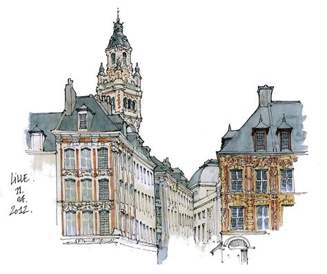 Lille, Grand'Place | Watercolor architecture, Building illustration ...