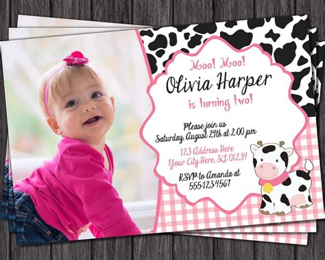 Cow Birthday Invitation In Pink With Photo Editable Template Etsy