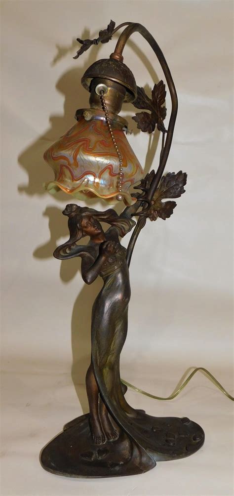 French Art Nouveau Spelter Table Lamp With Vintage Loetz Art Glass