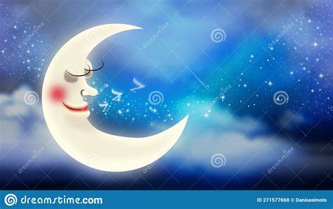 Beautiful Moon Cartoon Sleeping Zzz On Clouds And The Stars Twinkle