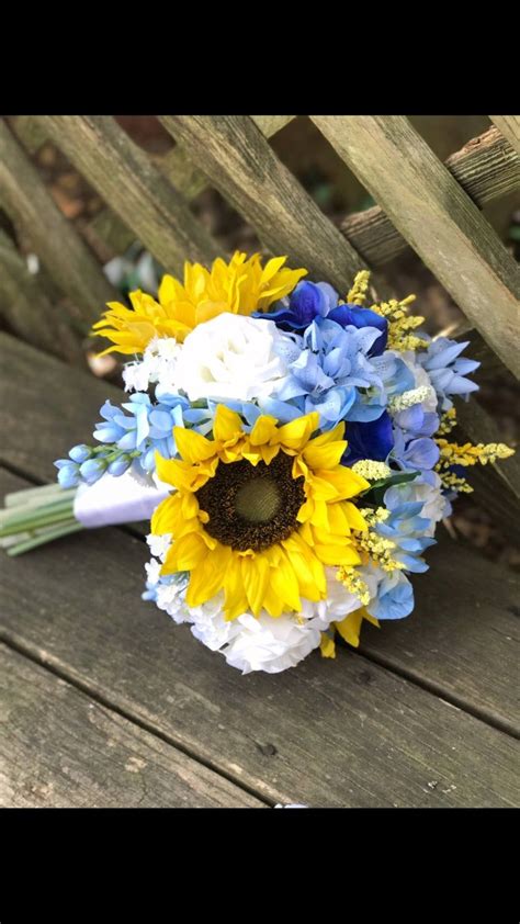 Dusty Blue And Sunflower Wedding Bouquets Wedding Bouquets 17 Piece