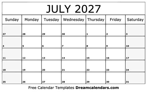 July 2027 Calendar Free Blank Printable Templates