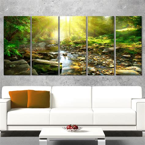 Designart Mountain Stream In Forest 5 Piece Wall Art On Wrapped Canvas