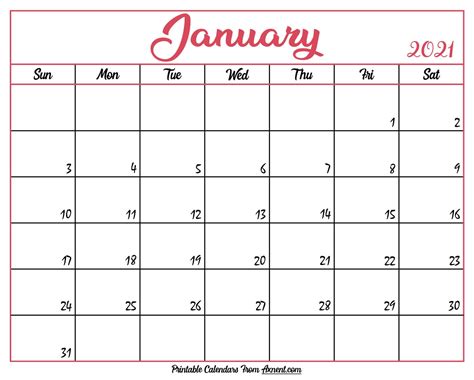 January 2021 Calendar Printable Free Monthly 65 Printable Calendar