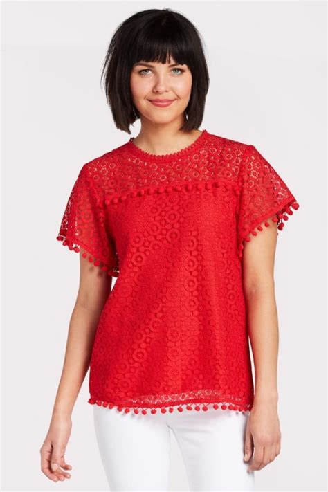 Lace Pom Short Sleeve Top Tops Short Sleeves Tops Fashion