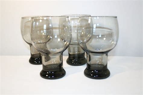 Set If Four Smoky Black Drinking Glasses Footed Tumblers