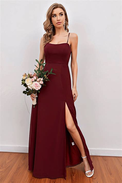 burgundy spaghetti straps long bridesmaid dress with split in 2021 burgundy prom dress