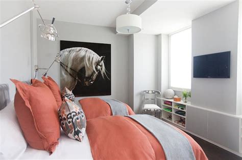 To achieve a more toned down look, pick one wall to paint and let it serve as a focal point. Coral and Gray Bedroom - Contemporary - girl's room ...