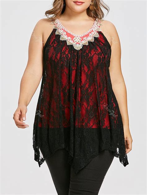 Off Plus Size Sequined Lace Handkerchief Tank Top Rosegal