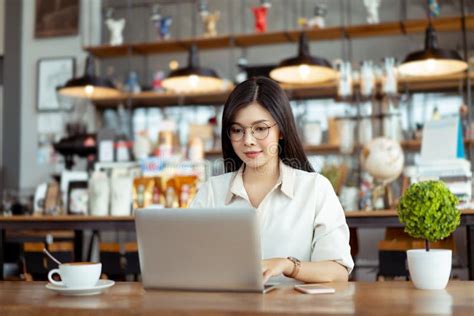 Happy Freelancer Asian Woman Working Using Digital Laptop Stock Image
