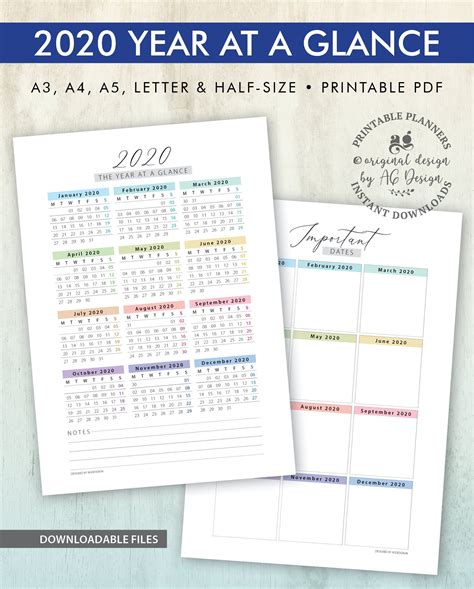 2020 Calendar Printables Year At A Glance And Dates Yearly Agenda