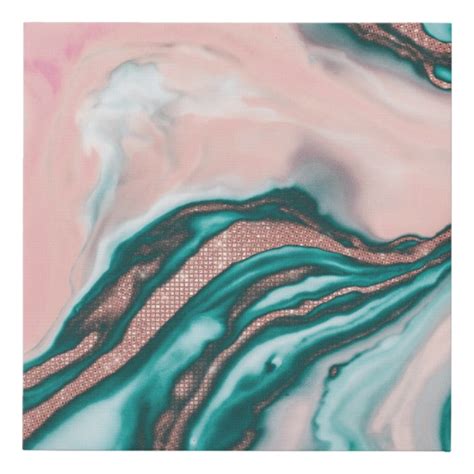 Rose Gold Glitter Pink Teal Swirly Painted Marble Faux Canvas Print