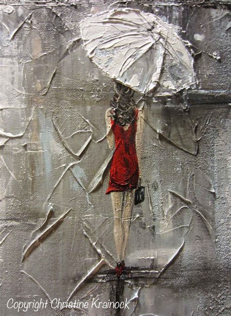 Original Art Abstract Painting Girl Red Umbrella White Red Dress Grey