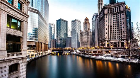 City Chicago Long Exposure Skyscraper River Wallpapers Hd Desktop