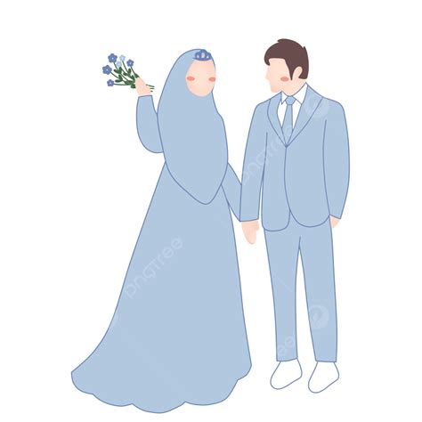 Illustration Of A Muslim Groom And Bride Wedding With Blue Dress