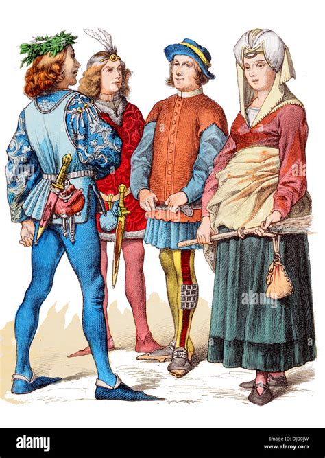 Mid 15th Century Xv 1400s Costumes Of French Citizens Stock Photo