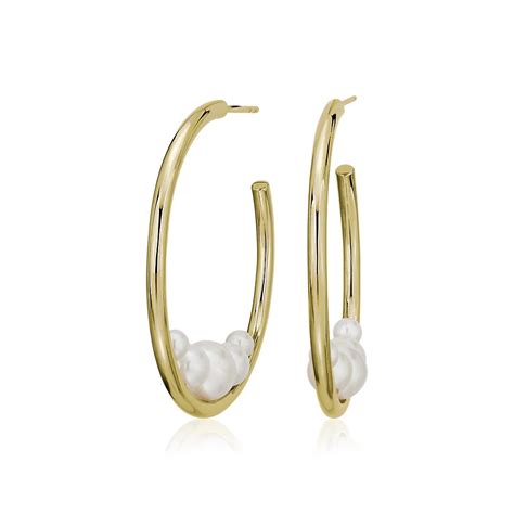 “freshwater Cultured Floating Pearl Hoop Earrings In 14k Yellow Gold 3 7mm” Pearl Wise