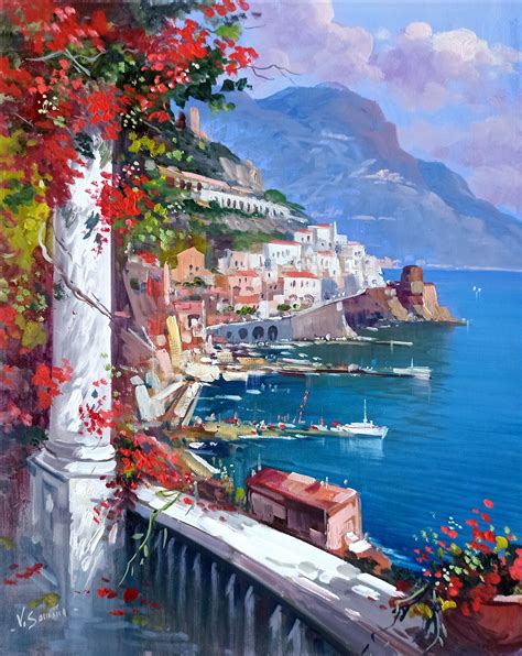 Painting Amalfi Somma Vincenzo Flowered Seaside Vertical Version