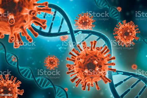 청록색 배경 3d 렌더링 그림에 현미경 적색 바이러스 세포 및 Dna 가닥 미생물학 바이러스학 의학 역학 생물학 과학 개념