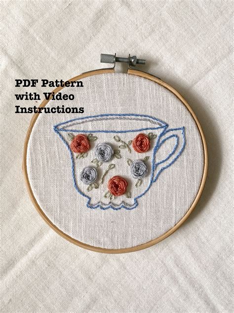 Tea Cup Embroidery Pdf Pattern For Beginners With Video Etsy