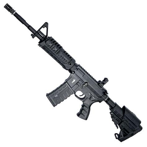 It has a 14.5 in (370 mm) barrel and a telescoping stock. M4 Carbine CAA Airsoft Rifle - Black | Camouflage.ca