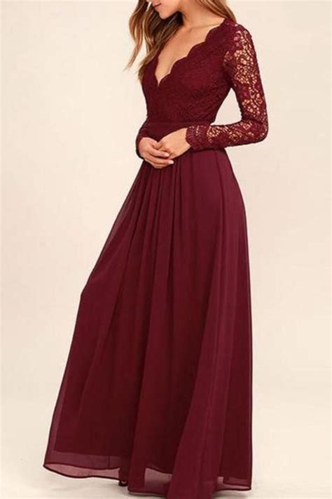 long sleeves v neck lace chiffon a line maroon prom dresses bridesmaid dresses in 2020 prom