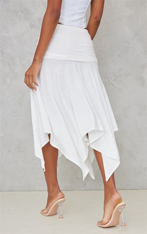 White Soft Touch Ruched Asymetric Midi Skirt Prettylittlething