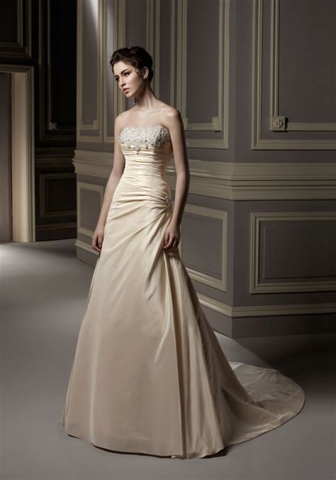 Champagne Colored Dresses Champagne Strapless Beading Pleated A Line Colored Wedding Dress