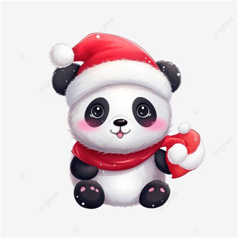 Cute Christmas Cartoon Panda Bear Character In Santas Hat With Pompon