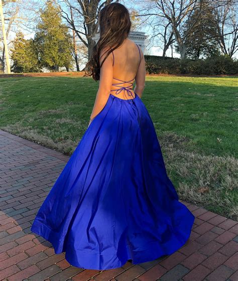 Royal Blue Satin Spaghetti Strap Deep V Neck Prom Gowns A Line Evening