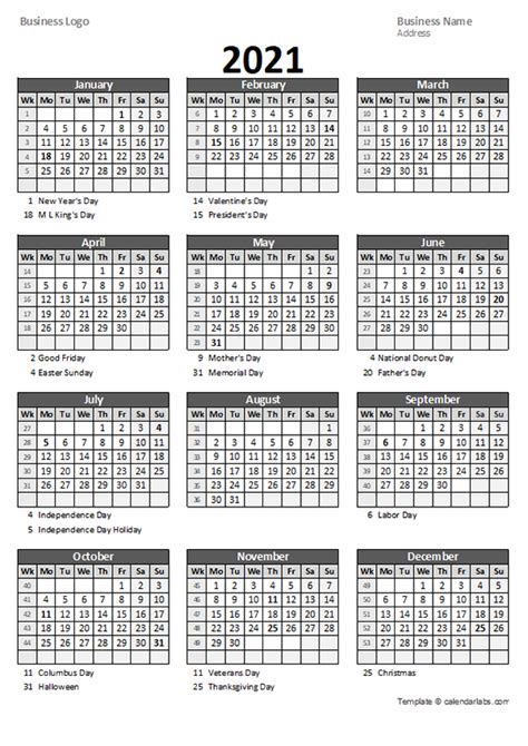 2021 Yearly Business Calendar With Week Number Free Printable