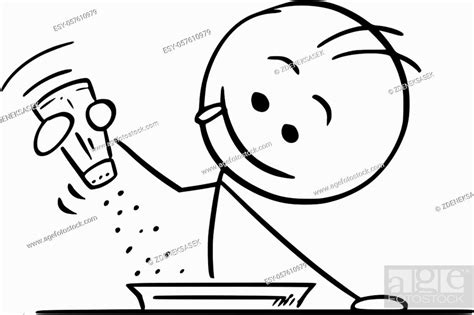 cartoon stick figure drawing conceptual illustration of happy hungry man holding salt shaker and