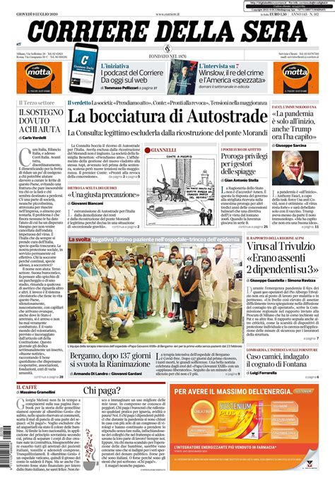Notizie di oggi: prima pagina del 9 luglio del Corriere della Sera