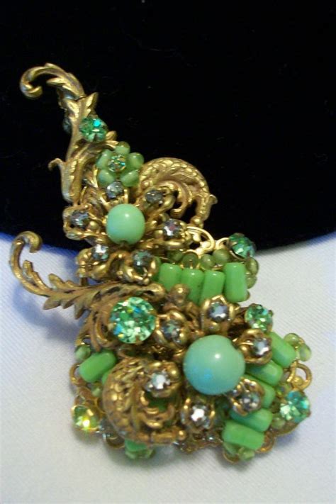 Miriam Haskell Pin Brooch Vintage 50s Flower Green Glass Bead