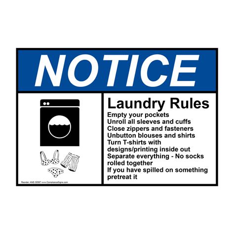 Ansi Laundry Rules Empty Your Pockets Sign With Symbol Ane 30587