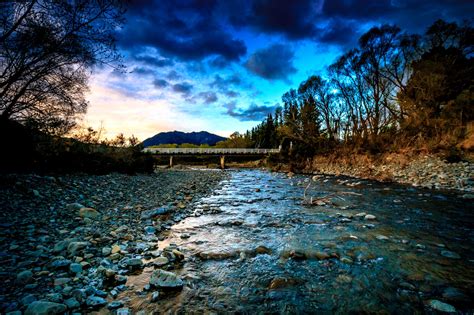 New Zealand Rivers Bridges Stones Evening Clouds Nature