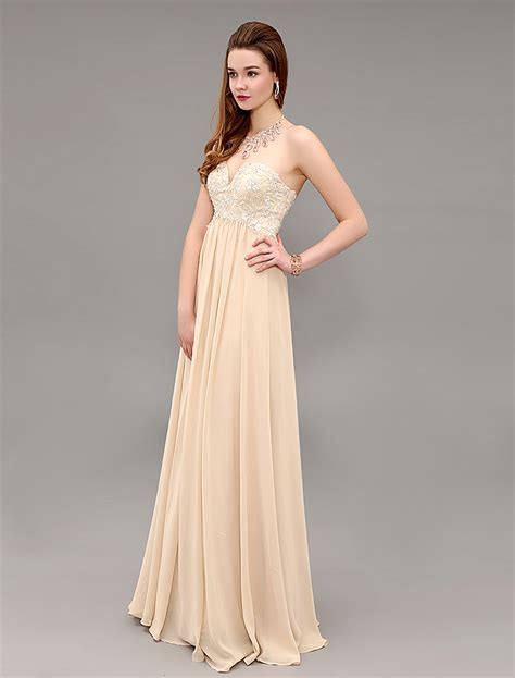 Champagne Chiffon Floor Length Evening Dress With Applique Bodice