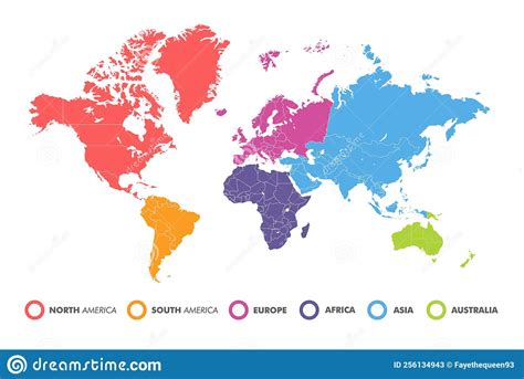 World Map Divided Into Six Continents In Different Color Stock Vector