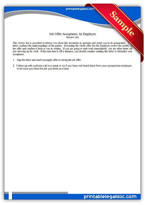 printable job offer acceptance  employee form
